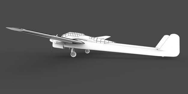 Modelo tridimensional del avión bombardero de la segunda guerra mundial. Cuerpo con dos colas y alas anchas. Motor turbohélice. Avión dibujado sobre un fondo gris. Ilustración 3D.