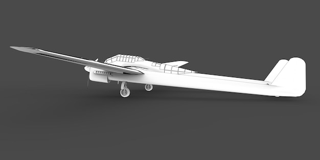 Modelo tridimensional do avião bombardeiro da segunda guerra mundial. Corpo com duas caudas e asas largas. Motor turboélice. Avião desenhado sobre um fundo cinza. Ilustração 3D.