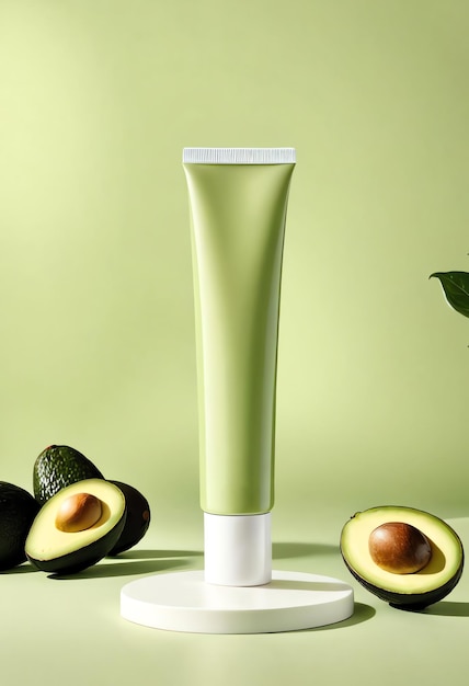 modelo de tubo de crema sin etiqueta verde con decoración de fruta de aguacate