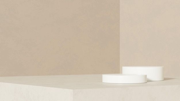 Modelo vazio de fundo com um pódio de textura de cerâmica contra uma simples parede bege