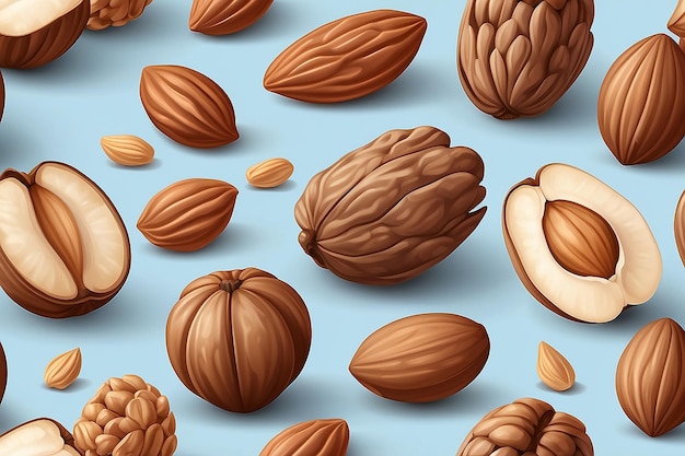 Modelo vectorial realista de nueces griegas, almendras y avellanas en paquetes de diseño detallados en 3D