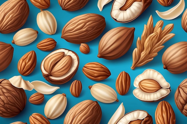 Modelo vectorial realista de nueces griegas, almendras y avellanas en paquetes de diseño detallados en 3D