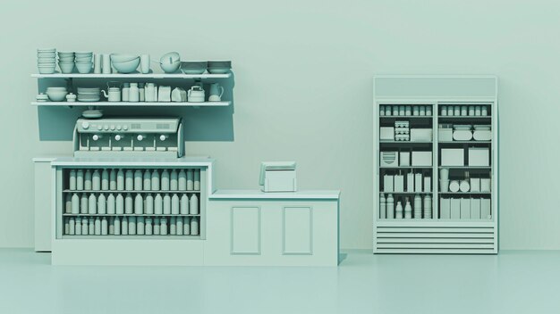 Foto modelo verde de loja de conveniênciamáquina de venda automática com fundo azul pastel renderização 3d col plana