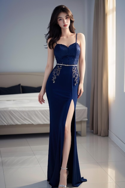 La modelo con un vestido azul está usando un vestido largo, largo, larga, larga, largo, de mangas.