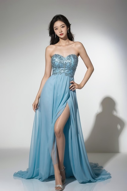 Una modelo con vestido azul y falda larga.