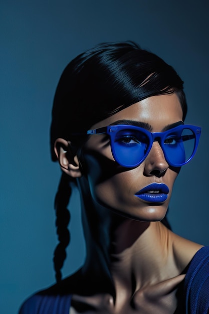 Foto modelo vestido com roupas azuis elegantes e azul com óculos de sol generative ai