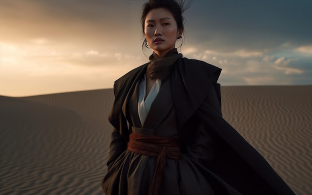 Modelo con vestido de diseñador en dunas de arena