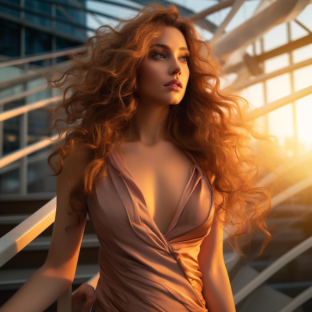 Una modelo con un vestido dorado baja unas escaleras.