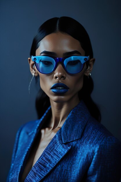 Foto modelo vestido con elegante ropa azul y azul con gafas de sol generative ai