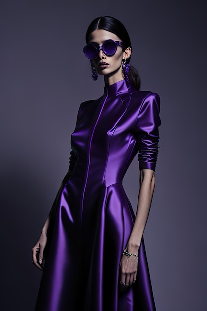Modelo vestido con elegante ropa púrpura y gafas de sol Generativo Ai