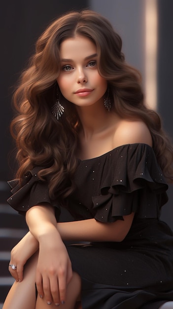 Una modelo con un vestido negro y el cabello largo