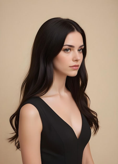 Foto un modelo con un vestido negro con un largo cabello negro
