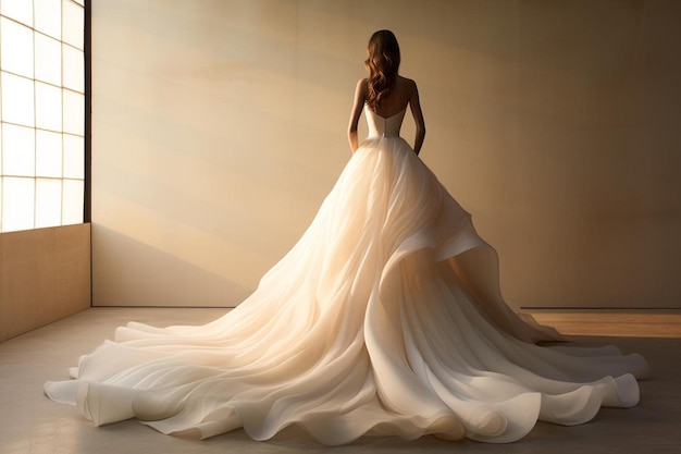 un modelo en un vestido de novia con una falda larga y una falda larga.