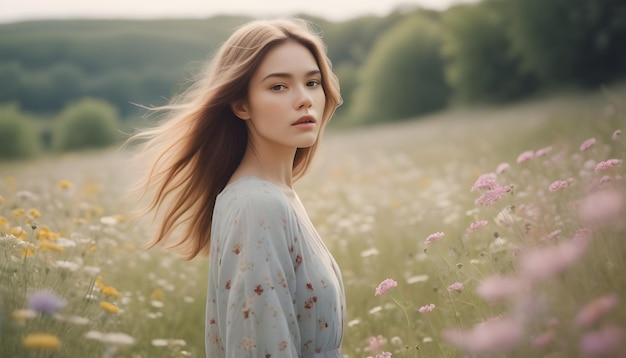 Foto modelo en un vestido de pie en un campo con flores rosas