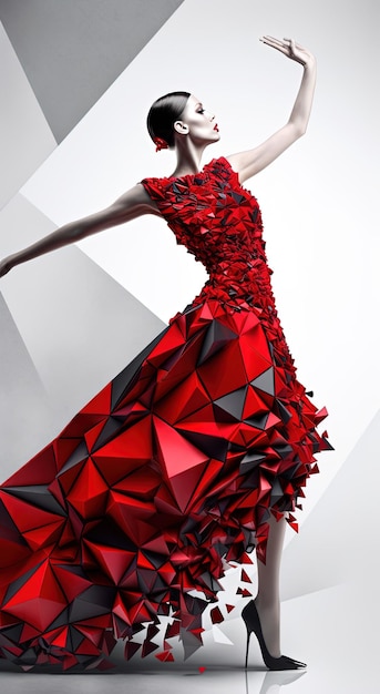 Foto una modelo con un vestido rojo con un patrón triangular.