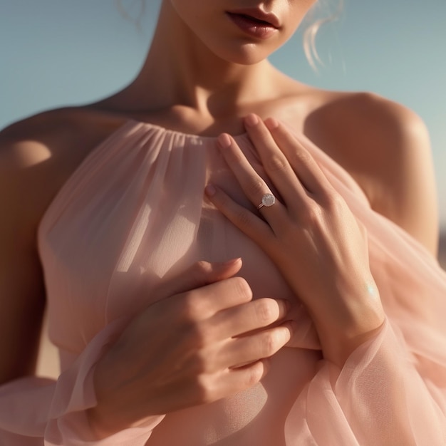 una modelo con un vestido rosa y un anillo de diamantes en la mano izquierda