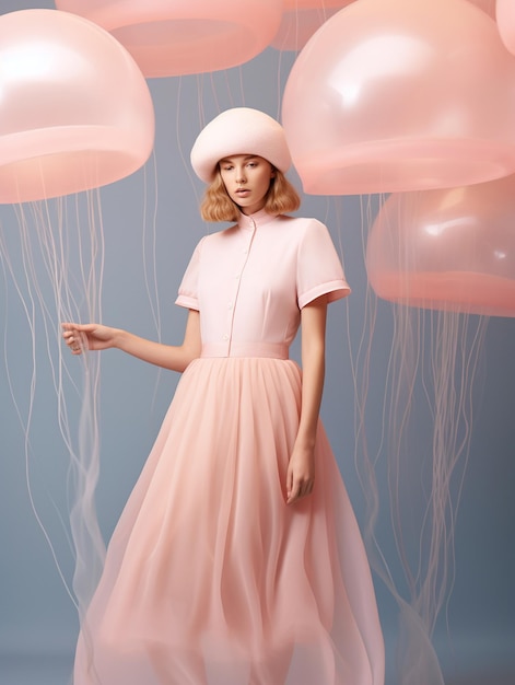 un modelo en un vestido rosa con globos