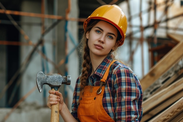 Foto modelo vestindo um capacete e um macacão em um local de construção com um martelo