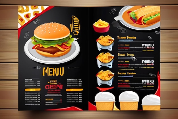 Foto modelo vetorial de design de brochura de menu de fast food em tamanho a4 flyer banner e layout design conceito de comida