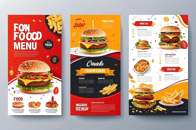 Modelo vetorial de design de brochura de menu de fast food em tamanho A4 flyer banner e Layout Design conceito de comida