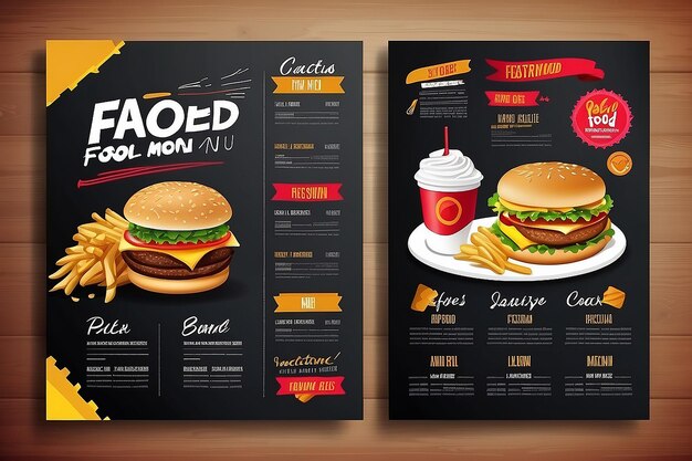 Modelo vetorial de design de brochura de menu de fast food em tamanho A4 flyer banner e Layout Design conceito de comida