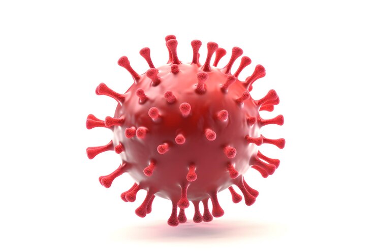 Foto un modelo de virus rojo con fondo blanco.