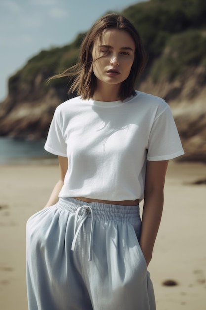 Una modelo viste una camiseta blanca y una camiseta blanca con la palabra playa.
