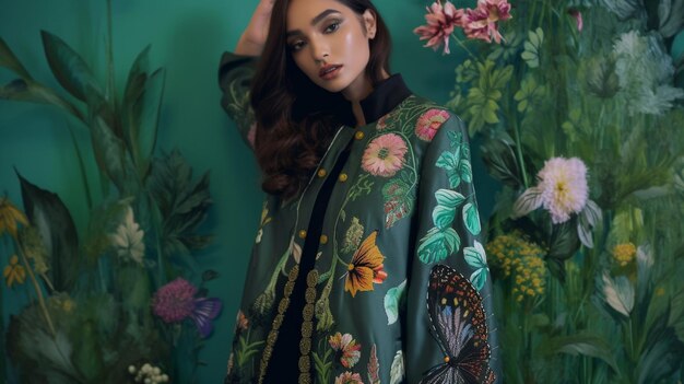 una modelo viste un kimono con flores en la portada.