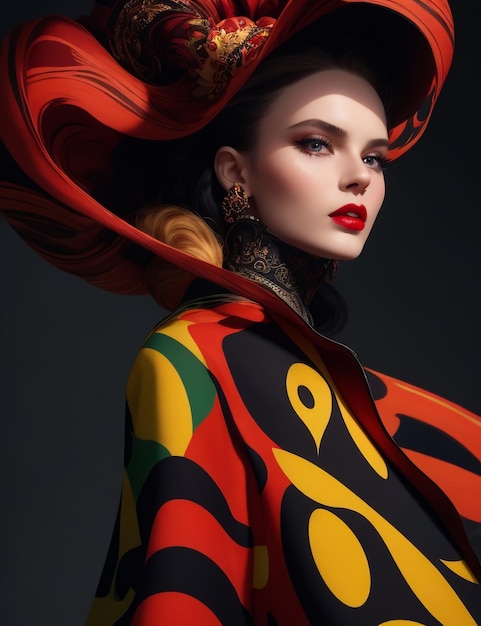 Una modelo viste ropa al estilo ruso, colores vivos y ricos tradicionales.