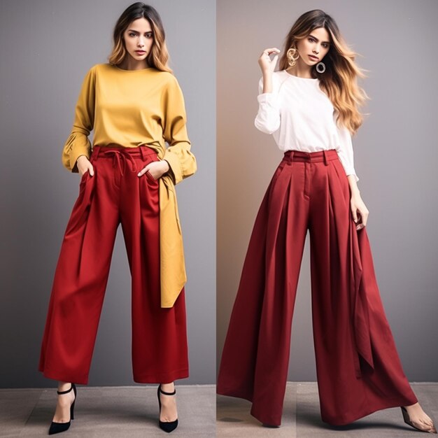 Una modelo viste un top amarillo y rojo con un top blanco y pantalones rojos.