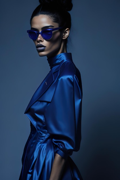 Una modelo viste un traje azul de un diseñador de moda.