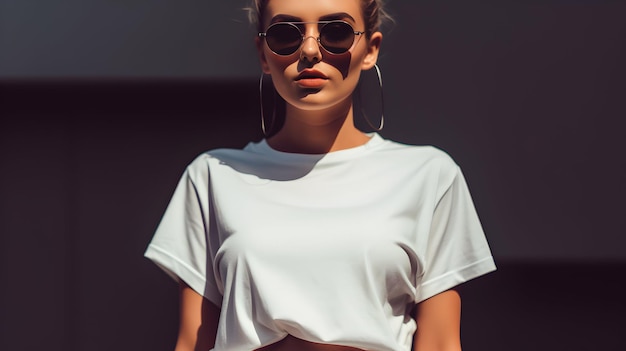 modelo vistiendo camiseta corta recortada gafas de sol maqueta ropa hermosa modelo