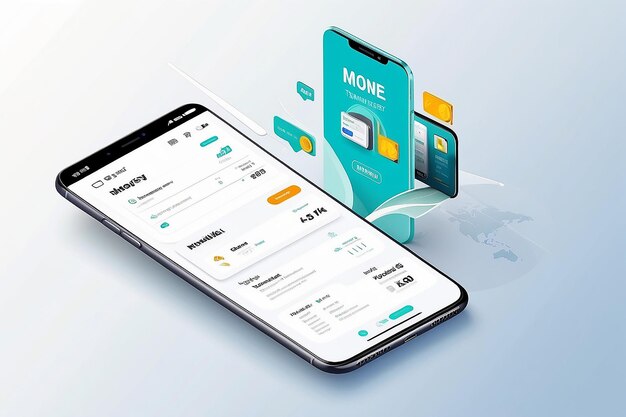 Foto modelo web de aplicativo de transferência de dinheiro móvel sistema de banca on-line pagamento móvel transações globais de smartphones