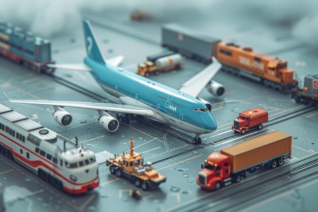 Foto modelos de aeronaves y transporte por automóvil