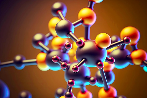 Modelos anaranjados violetas de átomos con compuestos largos en estructura de primer plano de la molécula