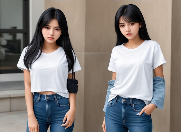 Modelos asiáticos posando juntos em jeans e camisa branca
