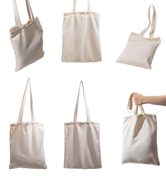 Foto modelos de bolsas textiles en blanco para compradores aislados sobre un fondo blanco