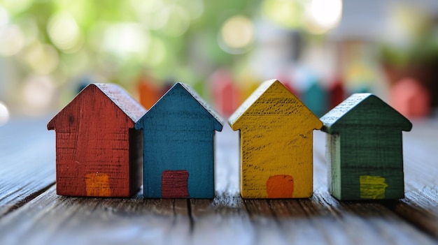 Foto modelos coloridos de casas de madeira em uma mesa de madeira