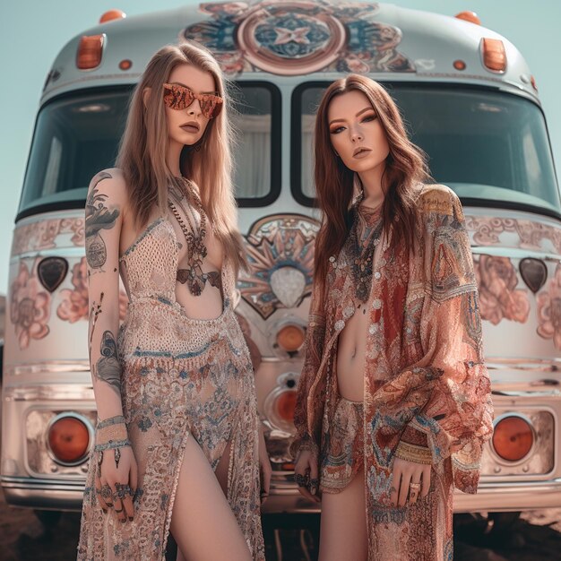 Foto modelos com estilo boho no festival de música coachella playa en verano