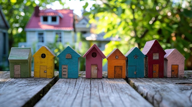 Foto modelos de casas de madeira coloridas em uma mesa de madeira