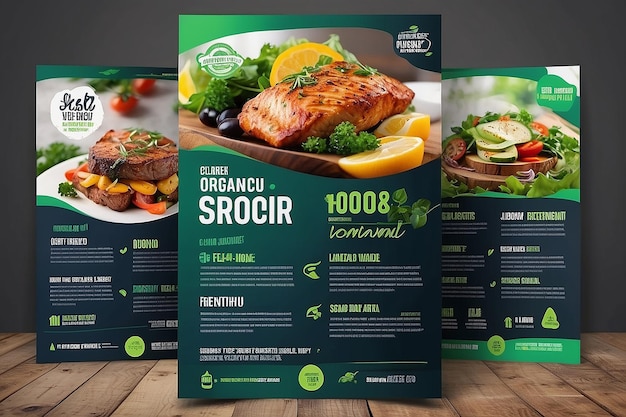 Foto modelos de design de panfletos de alimentos orgânicos deliciosos para restaurantes