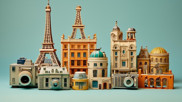 Modelos de edifícios e uma câmera com esculturas de brinquedos adoráveis Conceito de viagem com pontos de referência