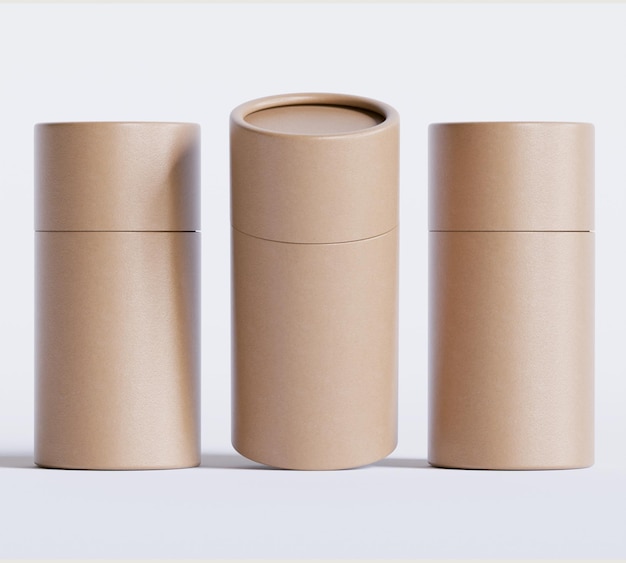 Modelos de embalagens de tubos de papel castanhos isolados em fundo branco Cartão de artesanato em branco circular realista
