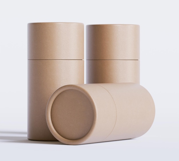 Modelos de embalagens de tubos de papel castanhos isolados em fundo branco Cartão de artesanato em branco circular realista