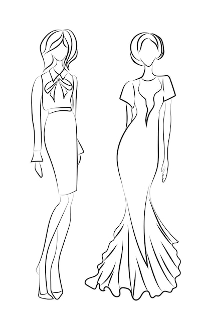 Modelos de esboço de moda vestindo roupas elegantes na ilustração de fundo branco