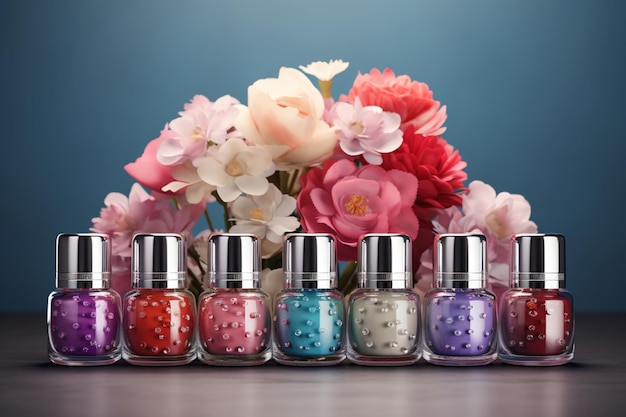 Modelos de frascos de esmalte de unhas adornados com flores vibrantes