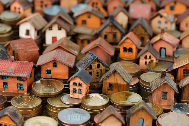 Foto modelos de habitação em miniatura com conceito de investimento em moedas de euro