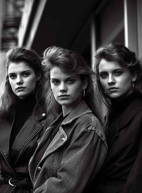 Modelos de moda profissional de meninas elegantes posam em roupas elegantes na rua da cidade Moda retrô vintage dos anos 1980 e 1990 Generative AI