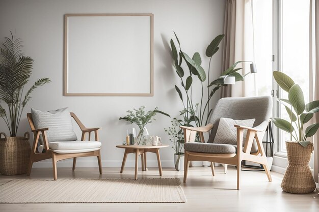 Modelos de molduras no interior da sala de estar com cadeira e decoração em estilo escandinavo