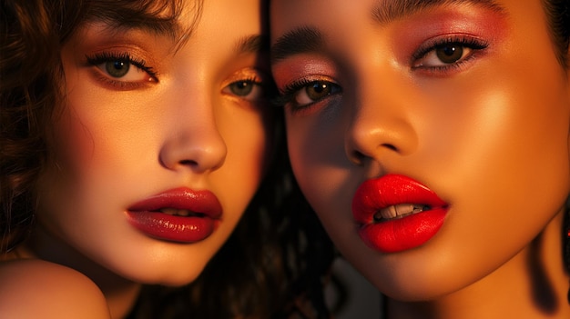 Modelos de mulheres jovens e frescas Detalhes intrincados de maquiagem essência das tendências modernas de beleza textura da pele cores vibrantes e aplicação impecável